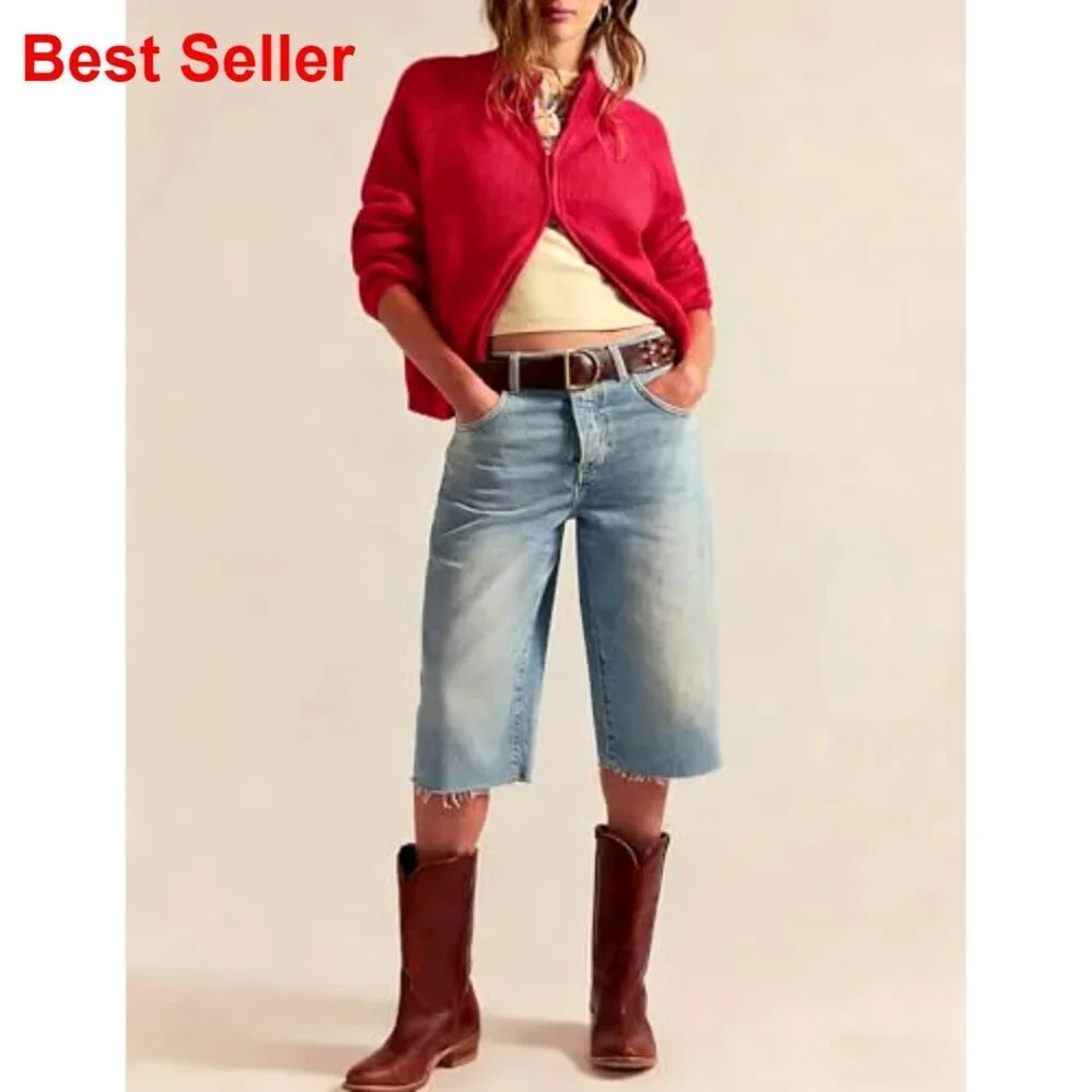 Chunky Knit Cropped Cardigan with Pockets, Zip Front, Mock Neck